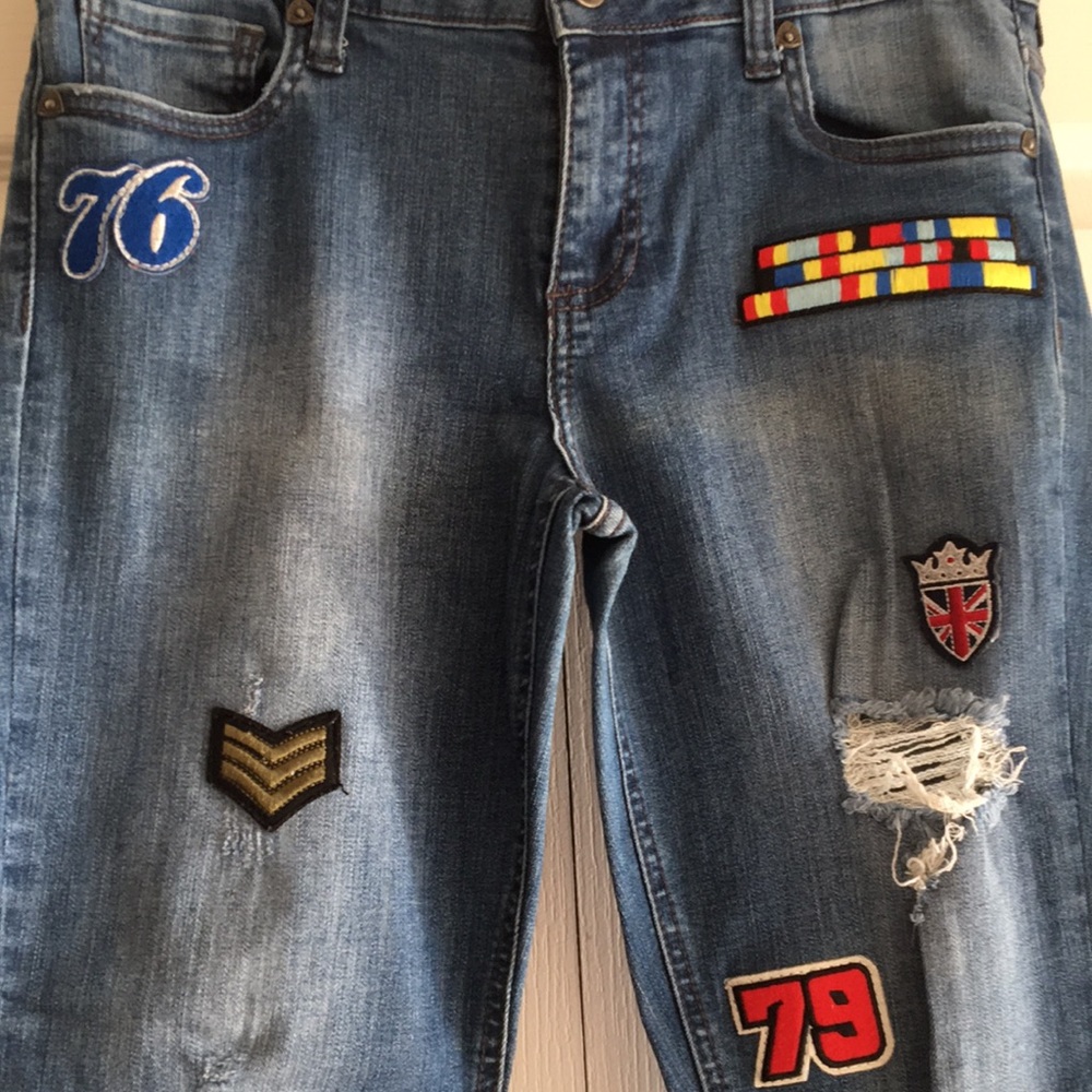 Distressed Rocker Patched Jeans